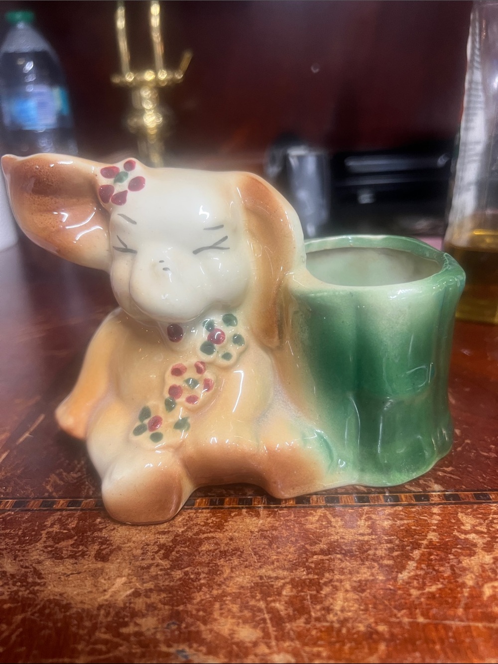 Ceramic elephant Planter with Green Tree Stump Accent - Cute Floral Detail